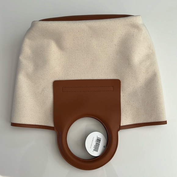 Canvas Tote Bag, Vegan light brown/tan leather ring handles with square trim - Picture 2 of 7